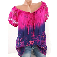 Last inn bildet i Galleri-visningsprogrammet, Trykt kortermet bluse med V-hals og blonder
