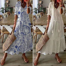 Last inn bildet i Galleri-visningsprogrammet, V-hals Halvermet Kjole med Volanger