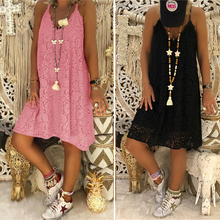 Last inn bildet i Galleri-visningsprogrammet, Ensfarget ermeløs sommerkjole med V-hals, blonder og løs passform for kvinner