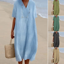 Last inn bildet i Galleri-visningsprogrammet, V-hals ensfarget kjole med korte ermer