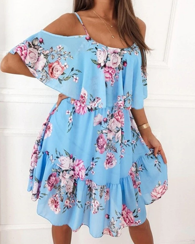 Airy Riided Floral airy dress with bare shoulders – regnbuetre