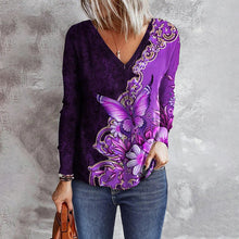Last inn bildet i Galleri-visningsprogrammet, Flower Butterfly Langermet T-skjorte med V-hals
