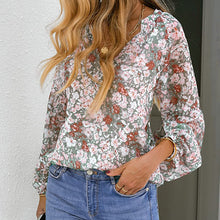 Last inn bildet i Galleri-visningsprogrammet, Boho Blomstertrykk V-hals Langermet Løse Bluse
